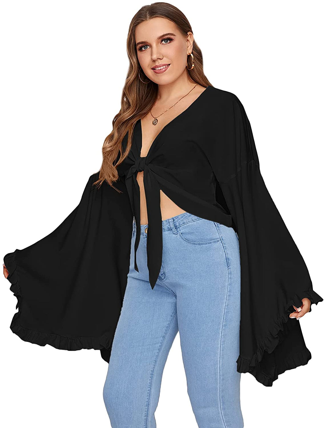 Plus Size Ruffle Long Sleeve Deep V Neck Tie Front Crop Top