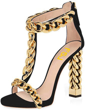 Load image into Gallery viewer, T-Strap Black Metal Chain Ankle Strap Chunky High Heel Sandals