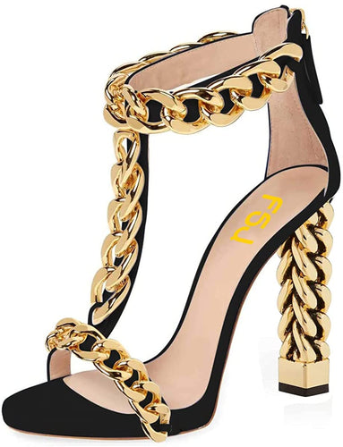 T-Strap Black Metal Chain Ankle Strap Chunky High Heel Sandals