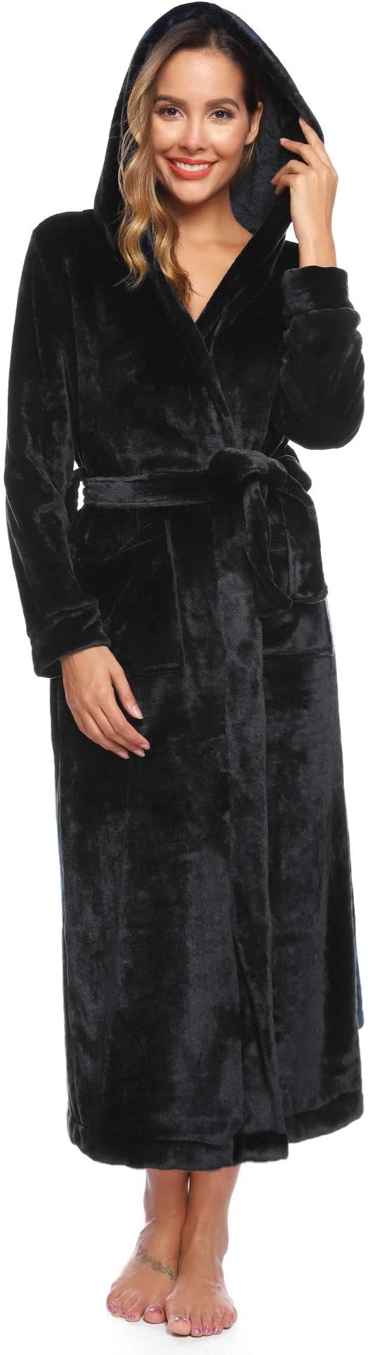 Plush Black Hooded Long Sleeve Belted Robe