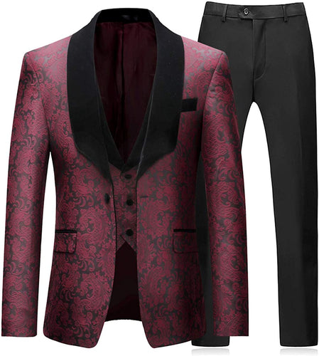 Vintage 3 Piece Burgundy Floral One Button Men's Tuxedo Suit