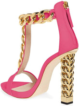 Load image into Gallery viewer, T-Strap Rose Metal Chain Ankle Strap Chunky High Heel Sandals