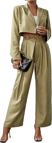 Island Olive Green 2pc Open Front Crop Blazer and Plicated Tailored Pants