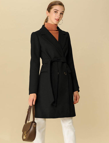 Outerwear Black Notch Lapel Double Breasted Belted Long Winter Coat