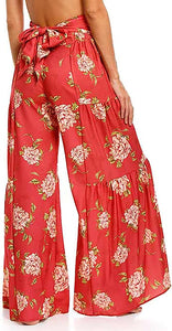 Beautiful Red Rose Printed Bohemian Palazzo Wide Leg Pants