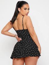 Load image into Gallery viewer, Tie Front Cut Out Black Polka Sleeveless Ruffle Rompers