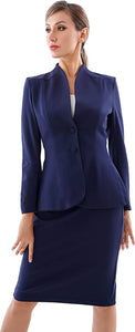 Modern Dark Blue Deep V-Neck 2 Pc Skirt and Suit Jacket Set