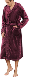 Men's Wine Red Hooded Plush Shawl Long Sleeve Robe