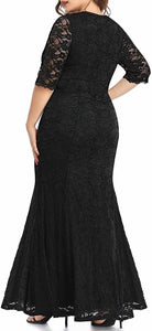 Black Floral Lace Long Wrap V Neck Mermaid Dress