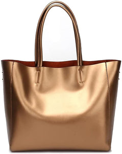 Genuine Light Gold Bronze Soft Leather Tote Shoulder Bag