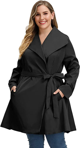 Lapel Trench Black Plus Size Coat Belted Lightweight Long Jacket