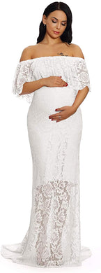 Maternity Ruffles Lace White Off Shoulder Long Maxi Dress
