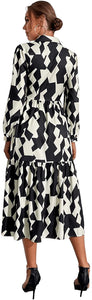 Graphic Print Long Sleeve Collar Neck Button Front Dress