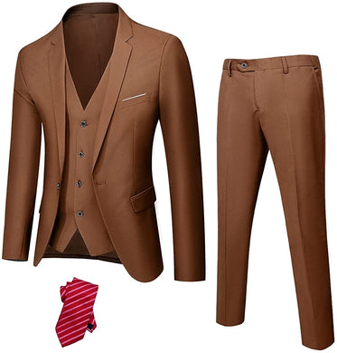 Men's Luxury Tuxedo Style Brown One Button 3-Piece Formal Suit