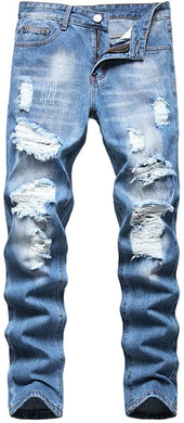 Street Style Blue Ripped Stretch Denim Regular Jeans