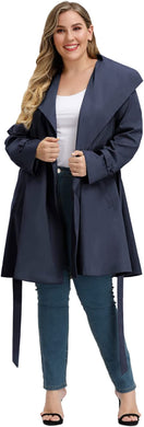 Lapel Trench Navy Plus Size Coat Belted Lightweight Long Jacket