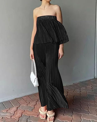 Exclusive Black Pleated Strapless Wide Leg Jumpsuit