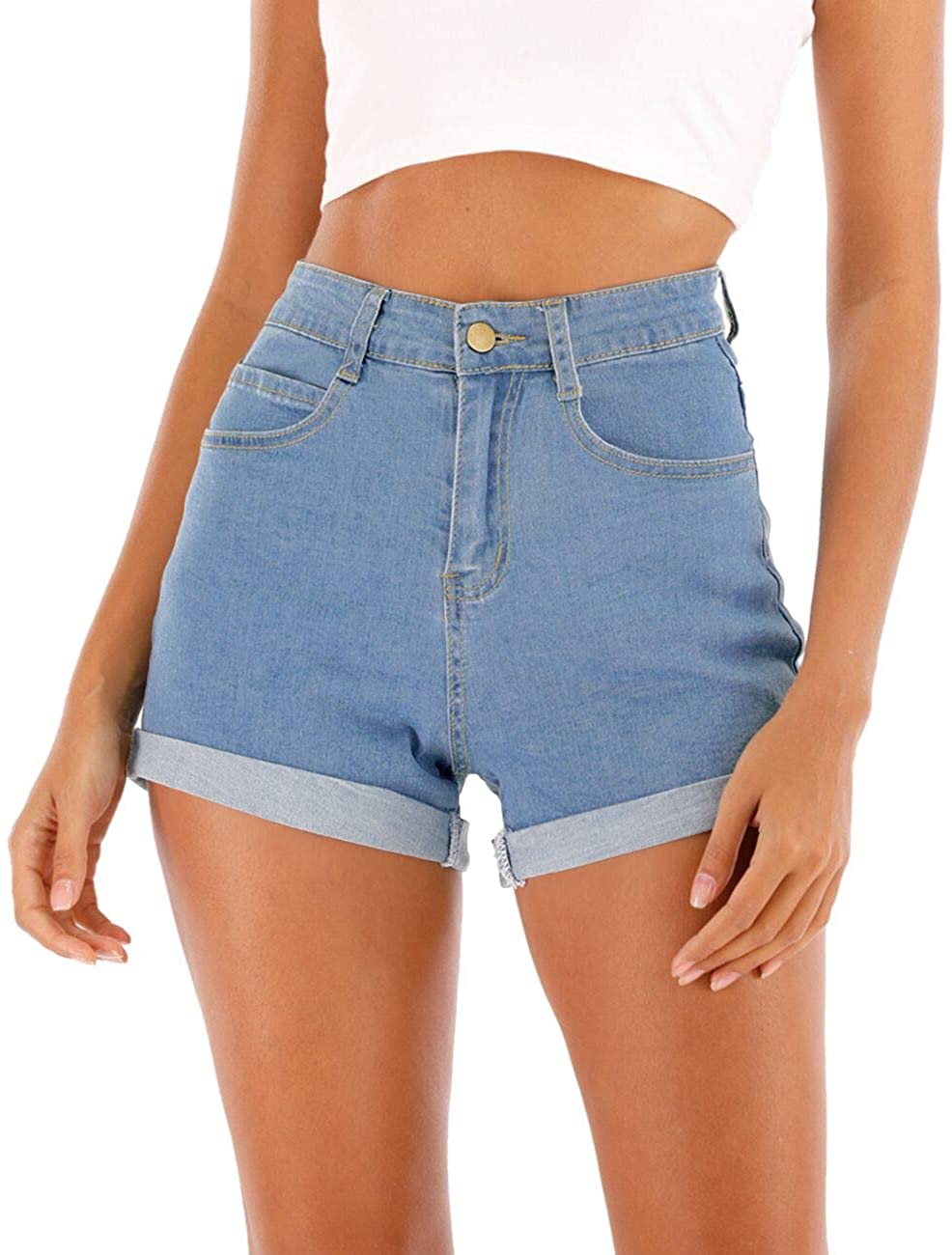 Lailezou Women's High Waist Denim Shorts Casual Classic Stretchy Folded Hem  Belt Washed Summer Sexy Shorts Jeans at  Women's Clothing store