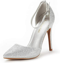 Load image into Gallery viewer, Silver Glitter Ankle Strap Pointed Toe Stiletto Heels
