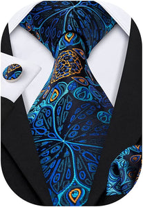 Men's Green Leaves Paisley Print Silk Tie Set w/Handkerchief & Cufflinks
