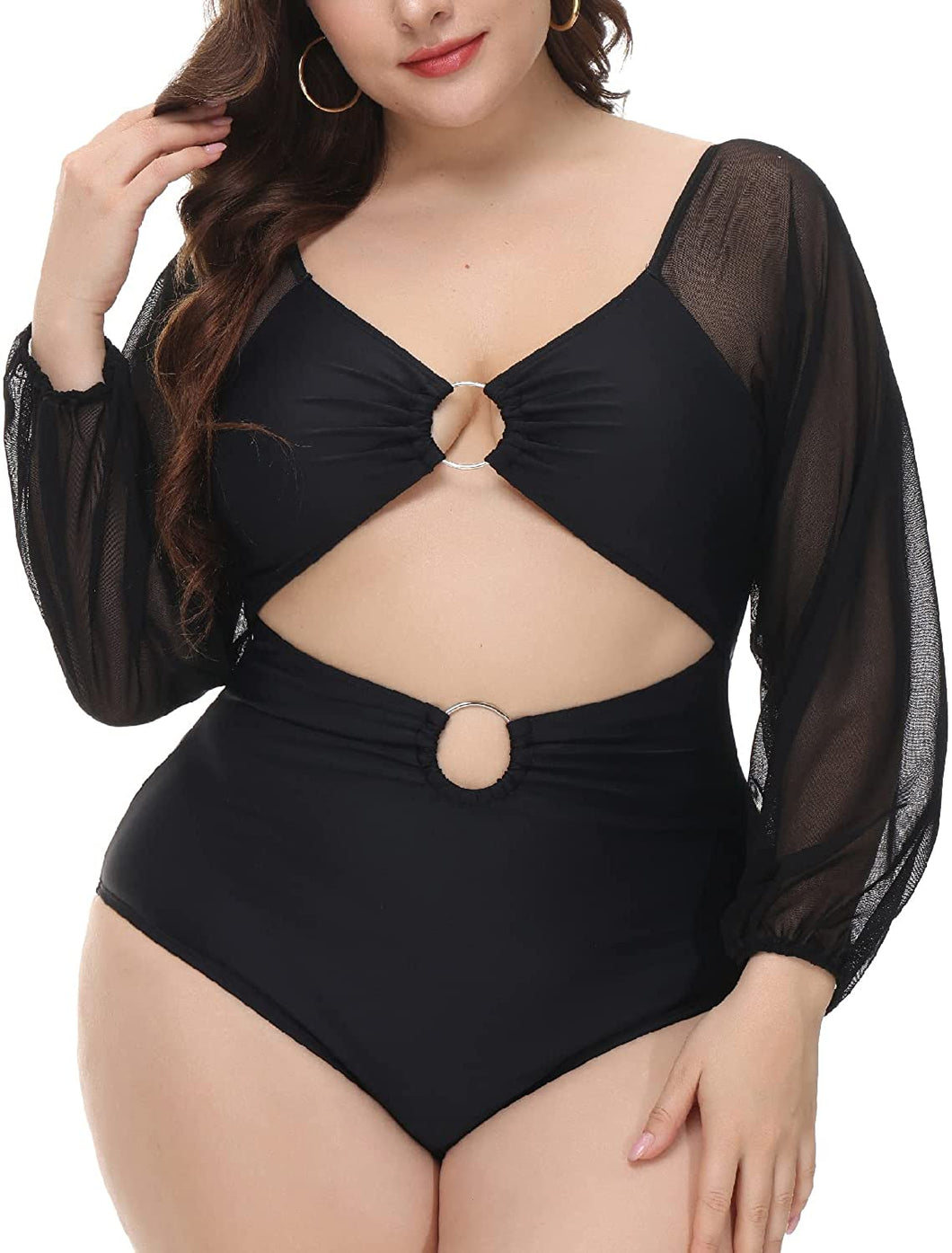Mesh Sleeves V-Neck O-Ring One Piece Plus Size Swimsuit