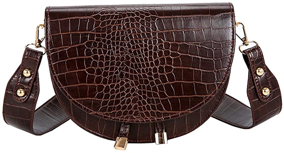 Brown Leather Wide Strap Crossbody Saddle Bag Vintage Half Round Bags