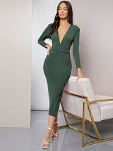 Load image into Gallery viewer, Divine Army Green Deep V Neck Ruched Waist Midi Bodycon Dress