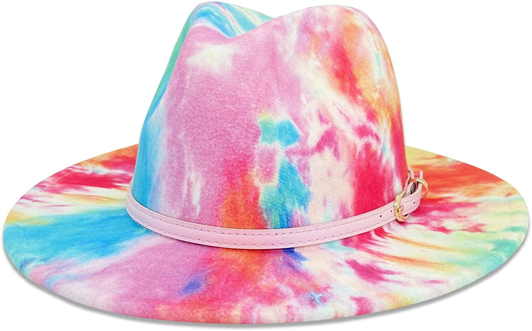 Chic Spring Pink Tie-Dye Wide Brim Fedora Hat
