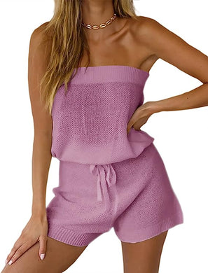 Purple Lavender Knit Strapless Lounge Style Shorts Romper