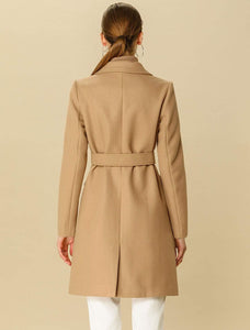 Outerwear Khaki Notch Lapel Double Breasted Belted Long Winter Coat