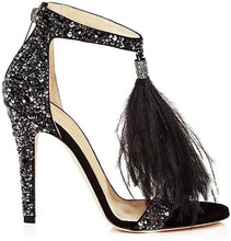 Load image into Gallery viewer, Black Feather Rhinestone Ankle Strap Glitter Tassel Dress Heels