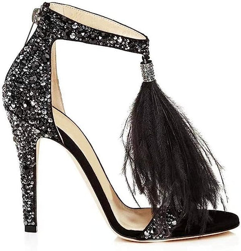 Black Feather Rhinestone Ankle Strap Glitter Tassel Dress Heels