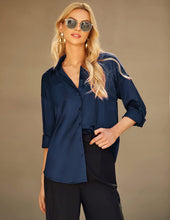 Load image into Gallery viewer, Satin Silk Navy Blue Button Down Long Sleeve Blouse