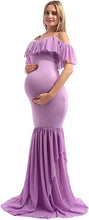 Load image into Gallery viewer, Wine Red Off Shoulder Ruffled Mermaid Maternity Dress