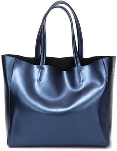 Genuine Blue Soft Leather Tote Shoulder Bag