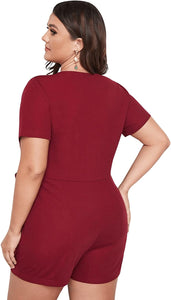 Plus Size Knot Sided Burgundy Short Sleeve Rompers