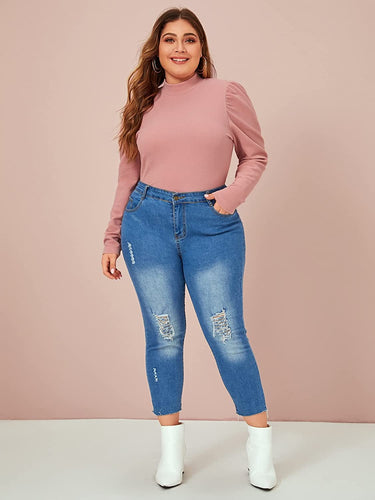 Plus Size Mock Neck Dusty Pink Letter Print Long Sleeve Blouse