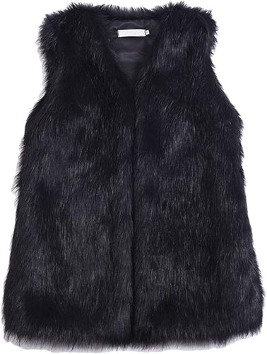 Puffy Black Faux Fur Sleeveless Vest Coat