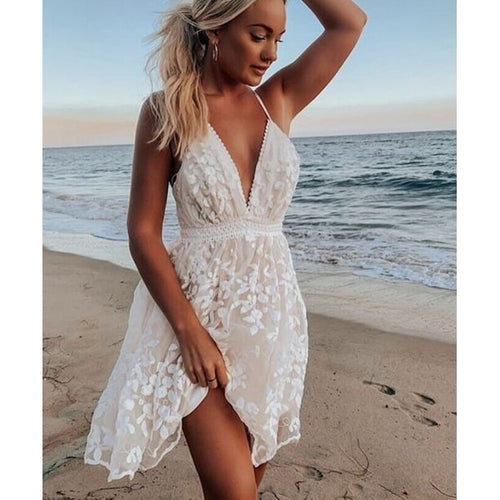 Beachy White Halter Lace Mini Dress