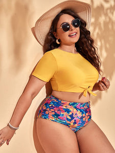Floral Print  Yellow High Waisted Crop Top Plus Size Swimsuit