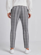 Load image into Gallery viewer, Grey Plaid Print Drawstring Waist Long Pants with Pocket