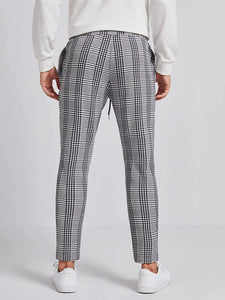 Grey Plaid Print Drawstring Waist Long Pants with Pocket