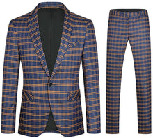 Load image into Gallery viewer, Men&#39;s Blue Plaid Notched Long Sleeve Lapel Suit