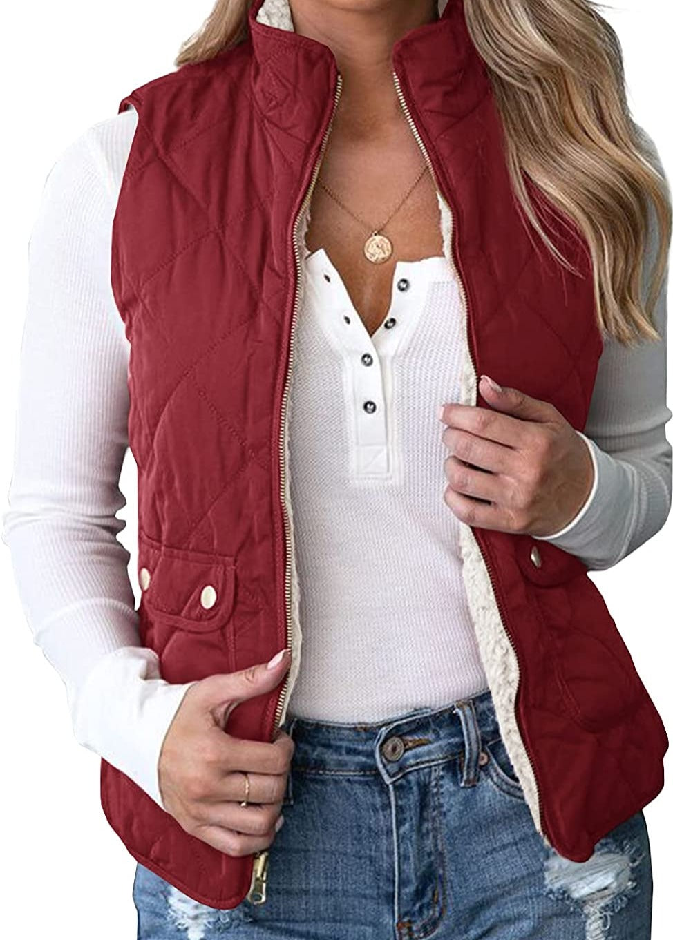 Reversible Wine Red Quilted Sherpa Fleece Sleeveless Vest