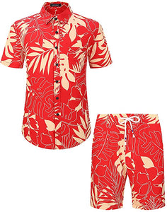 Men's Orange Floral Printed Shirt & Shorts Set