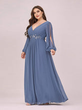 Load image into Gallery viewer, Plus Size Long Sleeves Dusty Navy Floral Applique Evening Dress