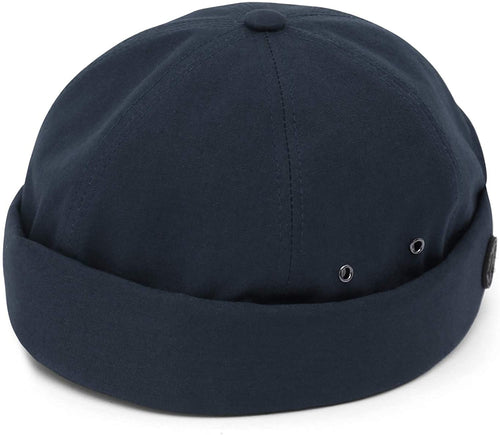 Men's Navy Blue Brimless Leather Strap Beanie Cap