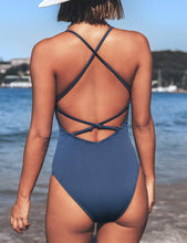 Load image into Gallery viewer, Cabana Blue One Piece Lace Up Swimsuit