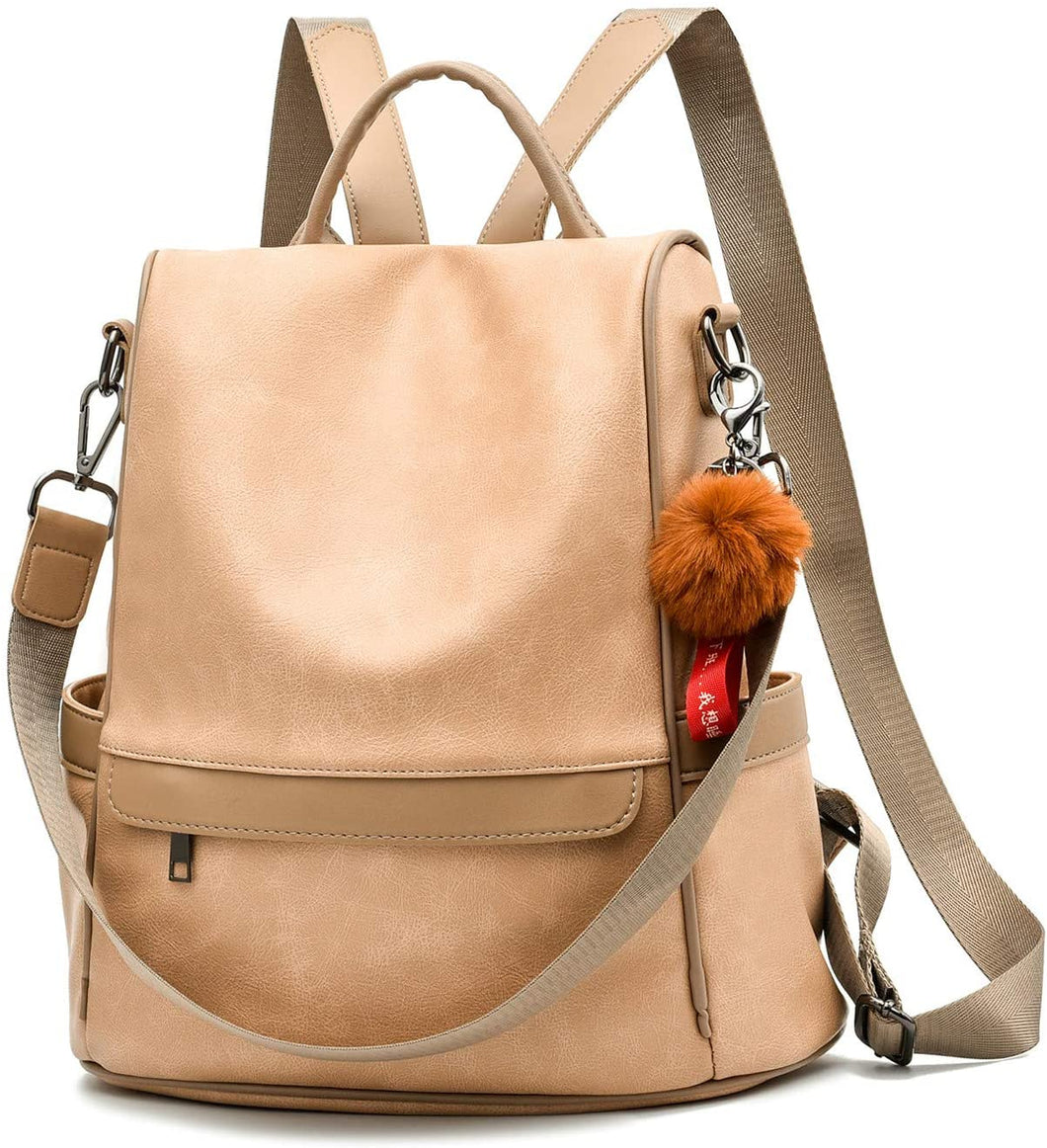 Beige Faux Leather Waterproof Backpack