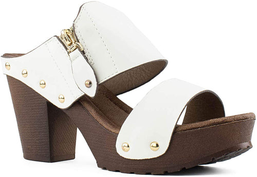 Slip On White Chunky Heel Peep Toe Mule Sandals